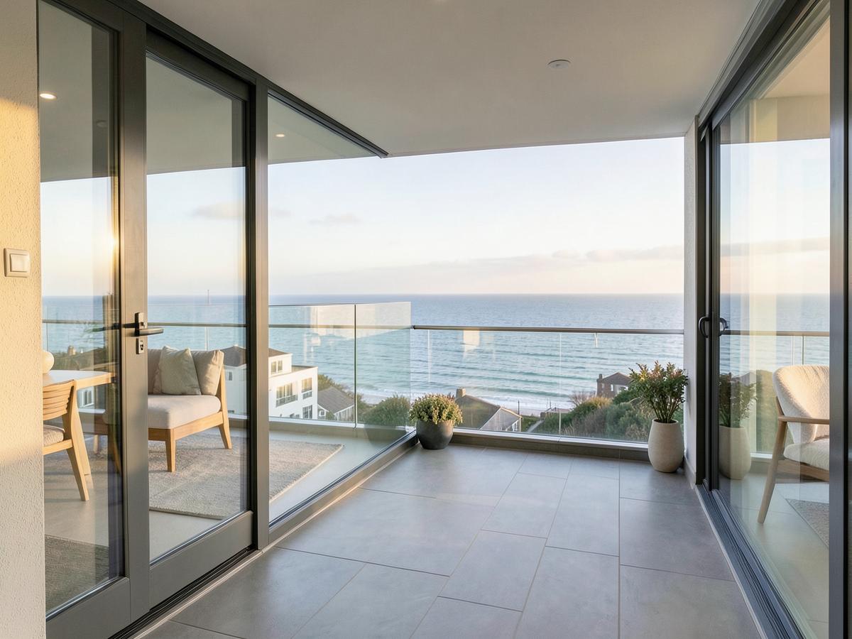 Modern coastal apartment balcony overlooking the sea